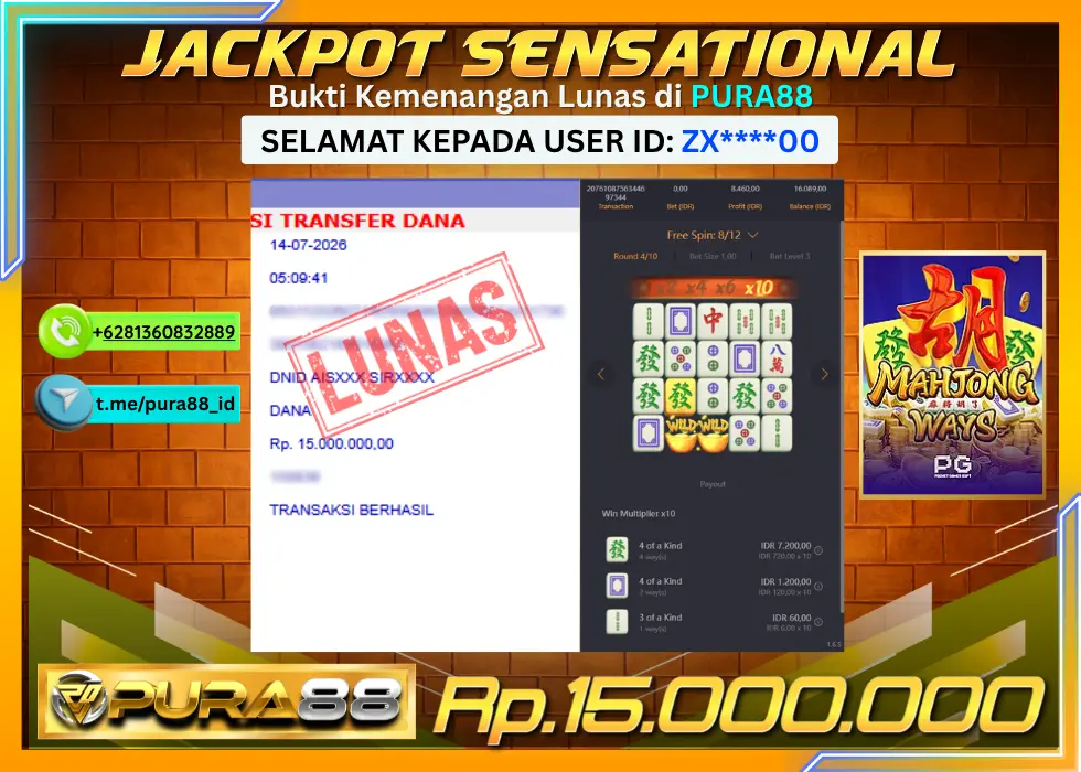PURA88 JACKPOT MAHJONG WAYS Rp 15.000.000,- LUNAS